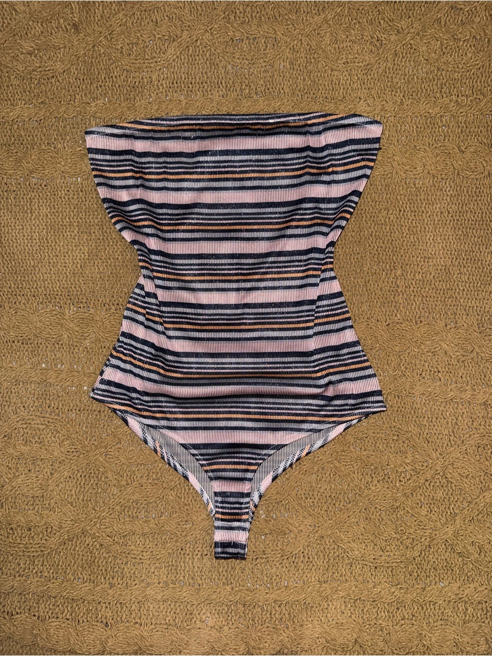 Striped Strapless Ribbed Bodysuit in Pink and Navy